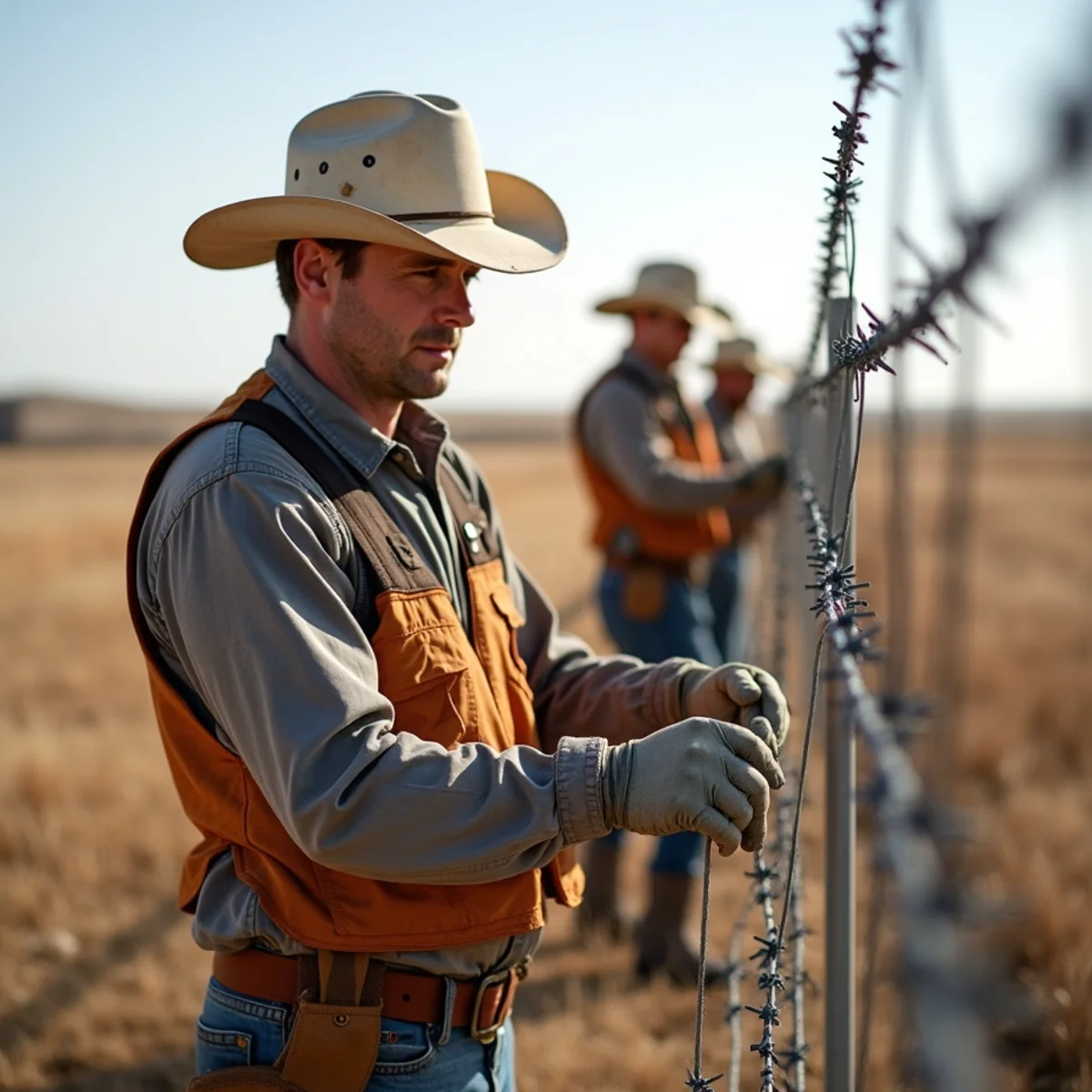 Skilled crew installing barbed wire fence with precision laser alignment