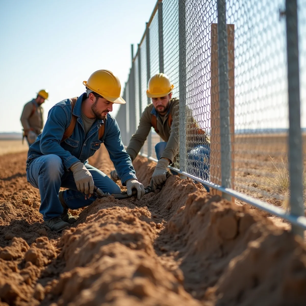 Skilled crew installing chain link fence repair with precision laser alignment