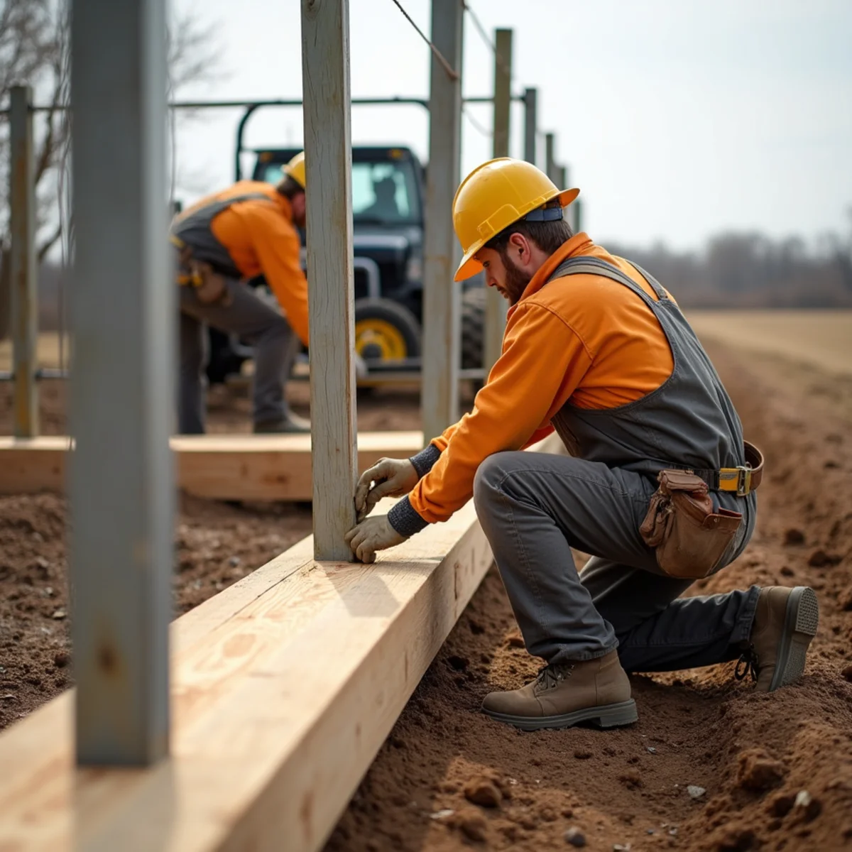 Skilled crew installing deck building with precision laser alignment