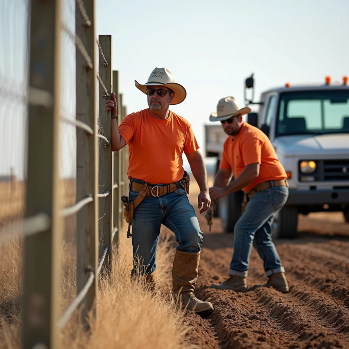 Skilled crew installing emergency fence repair with precision laser alignment