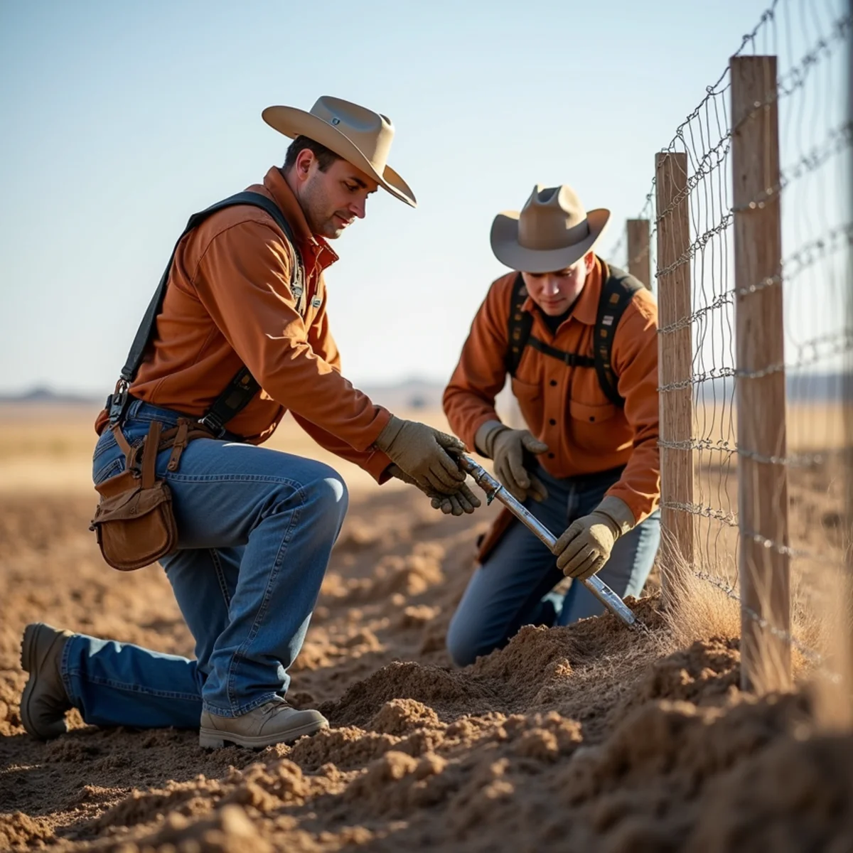 Skilled crew installing fence post repair with precision laser alignment