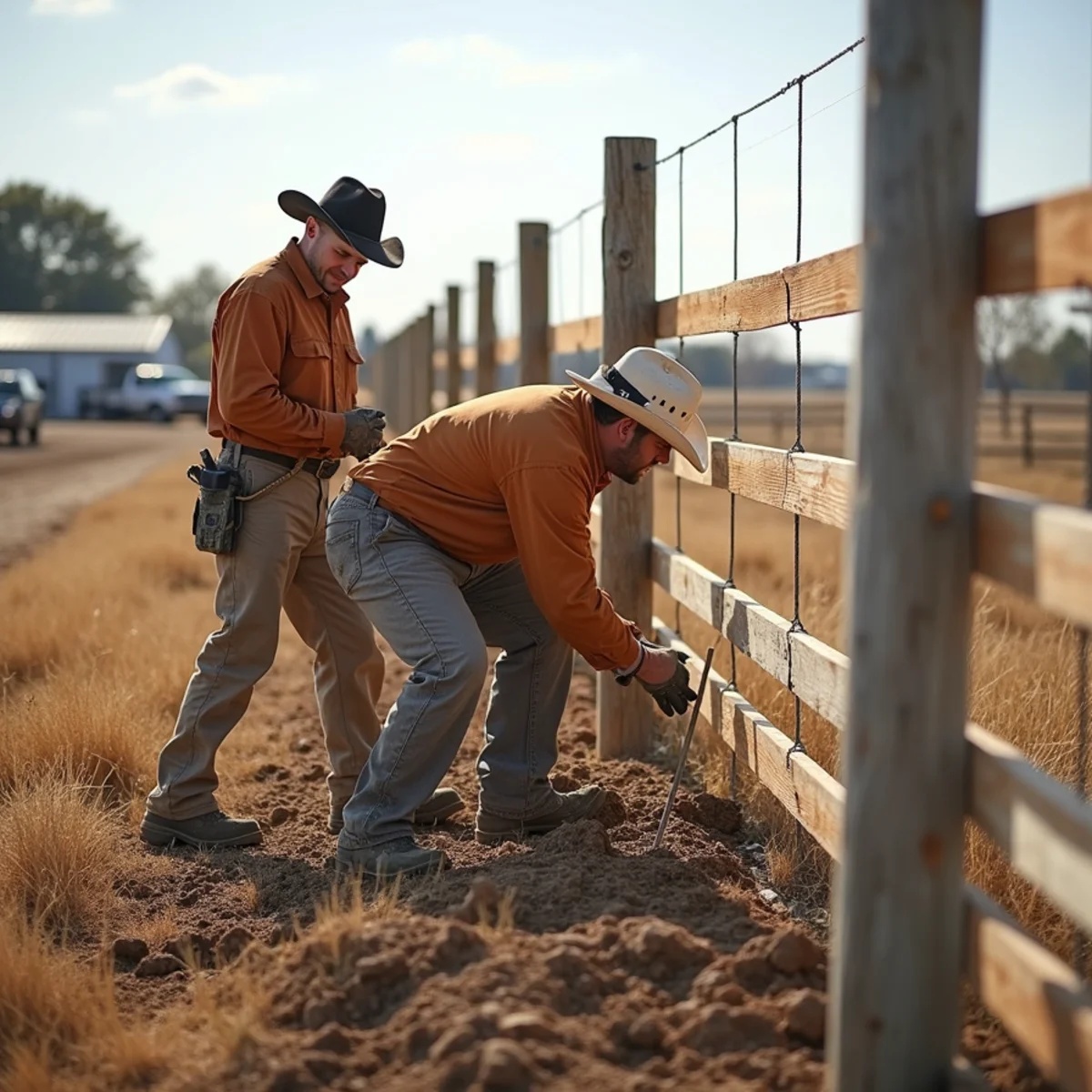 Skilled crew installing fence staining & sealing with precision laser alignment