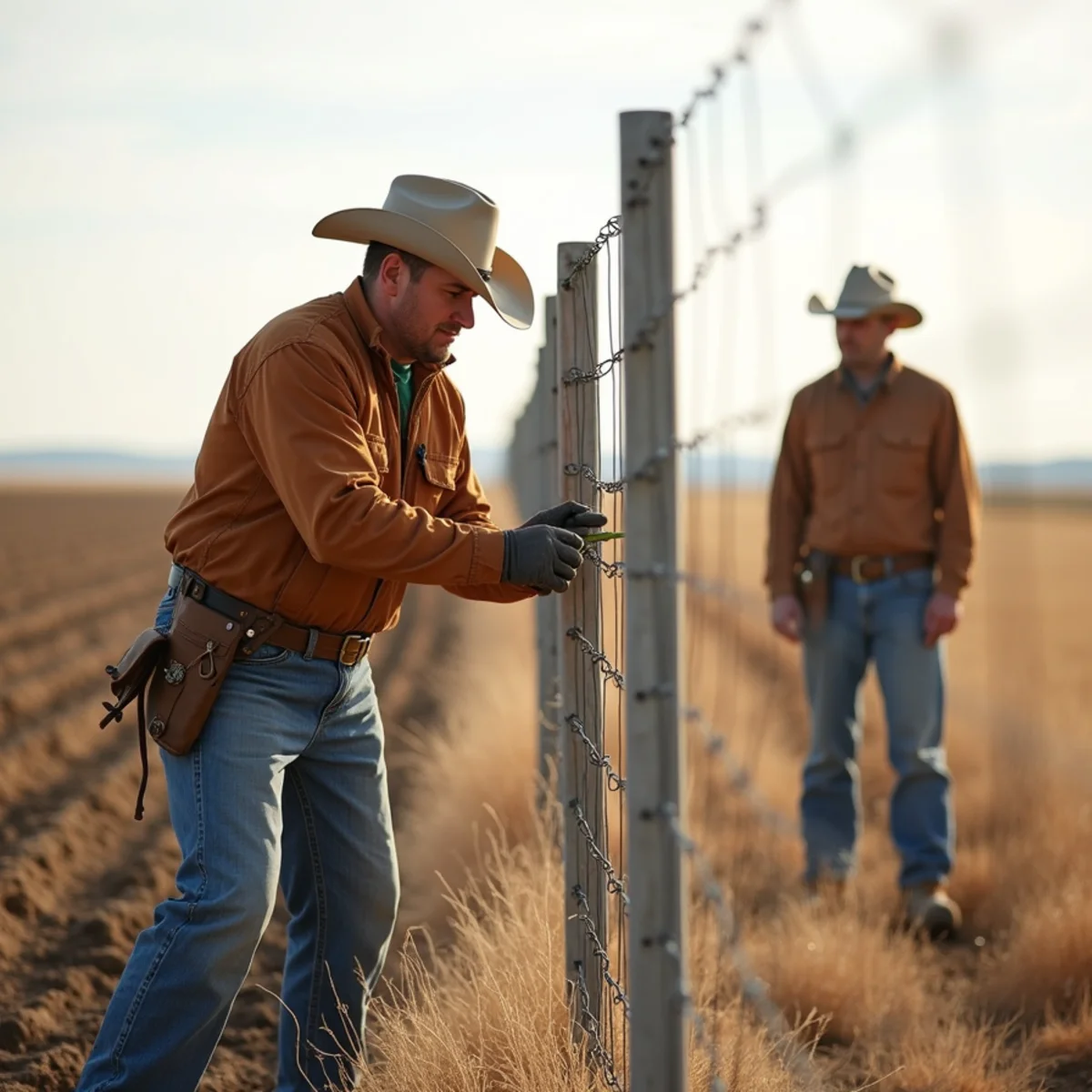 Skilled crew installing high-tensile & electric fence with precision laser alignment