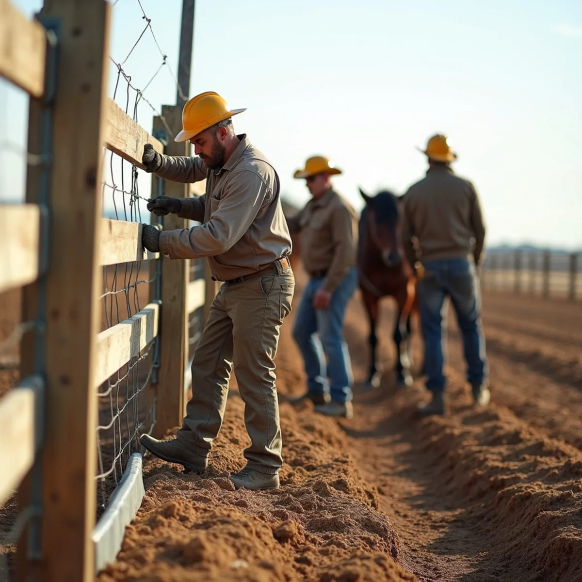 Skilled crew installing horse fence with precision laser alignment