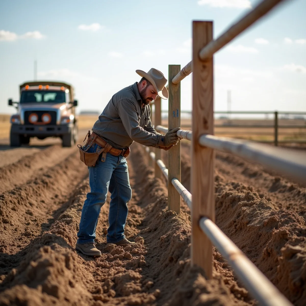 Skilled crew installing livestock corrals & pens with precision laser alignment