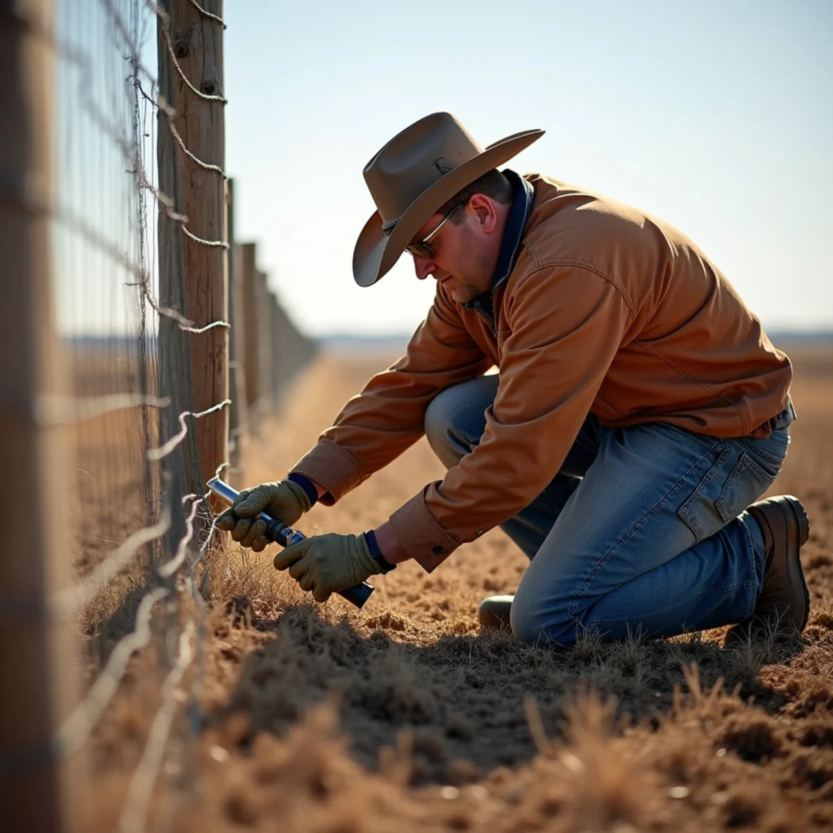 Skilled crew installing livestock fence breach repair with precision laser alignment