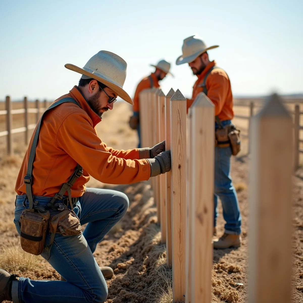 Skilled crew installing picket fence with precision laser alignment