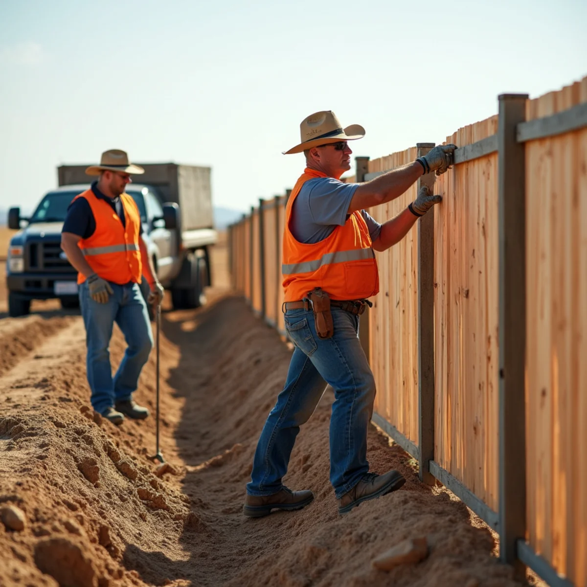 Skilled crew installing privacy fence with precision laser alignment