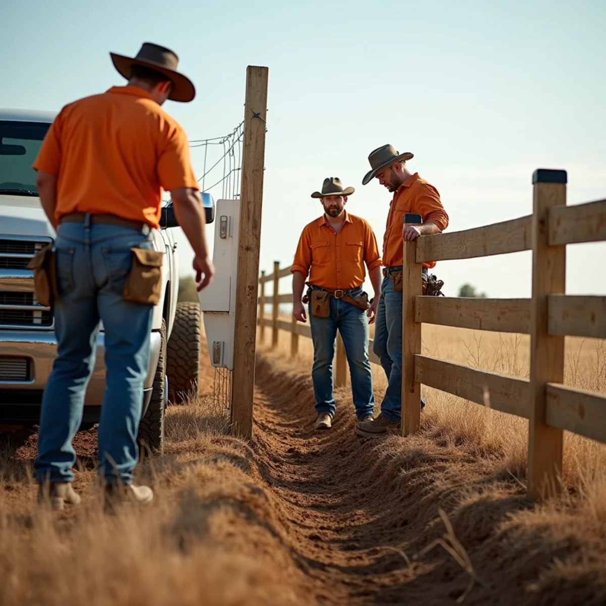 Skilled crew installing ranch & farm gates with precision laser alignment