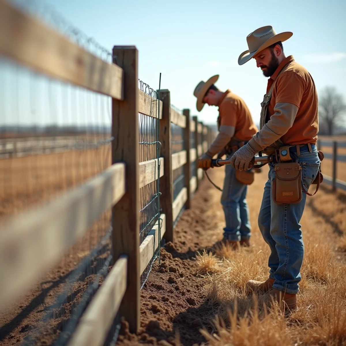 Skilled crew installing residential fencing with precision laser alignment