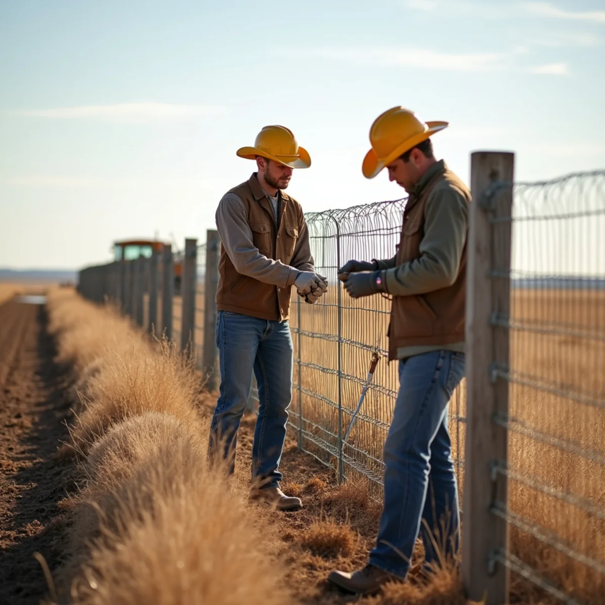Skilled crew installing security fencing with precision laser alignment