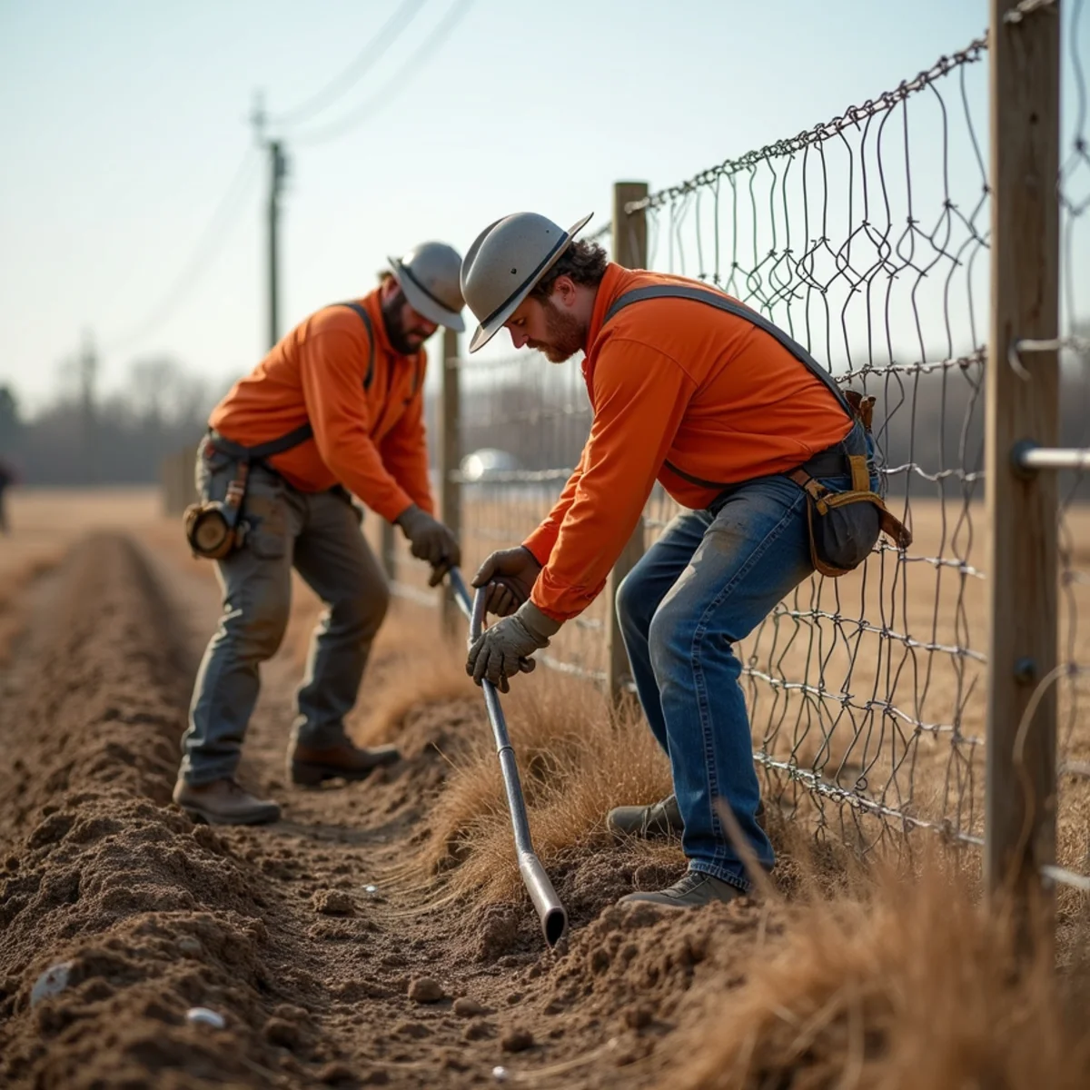 Skilled crew installing split rail fence with precision laser alignment
