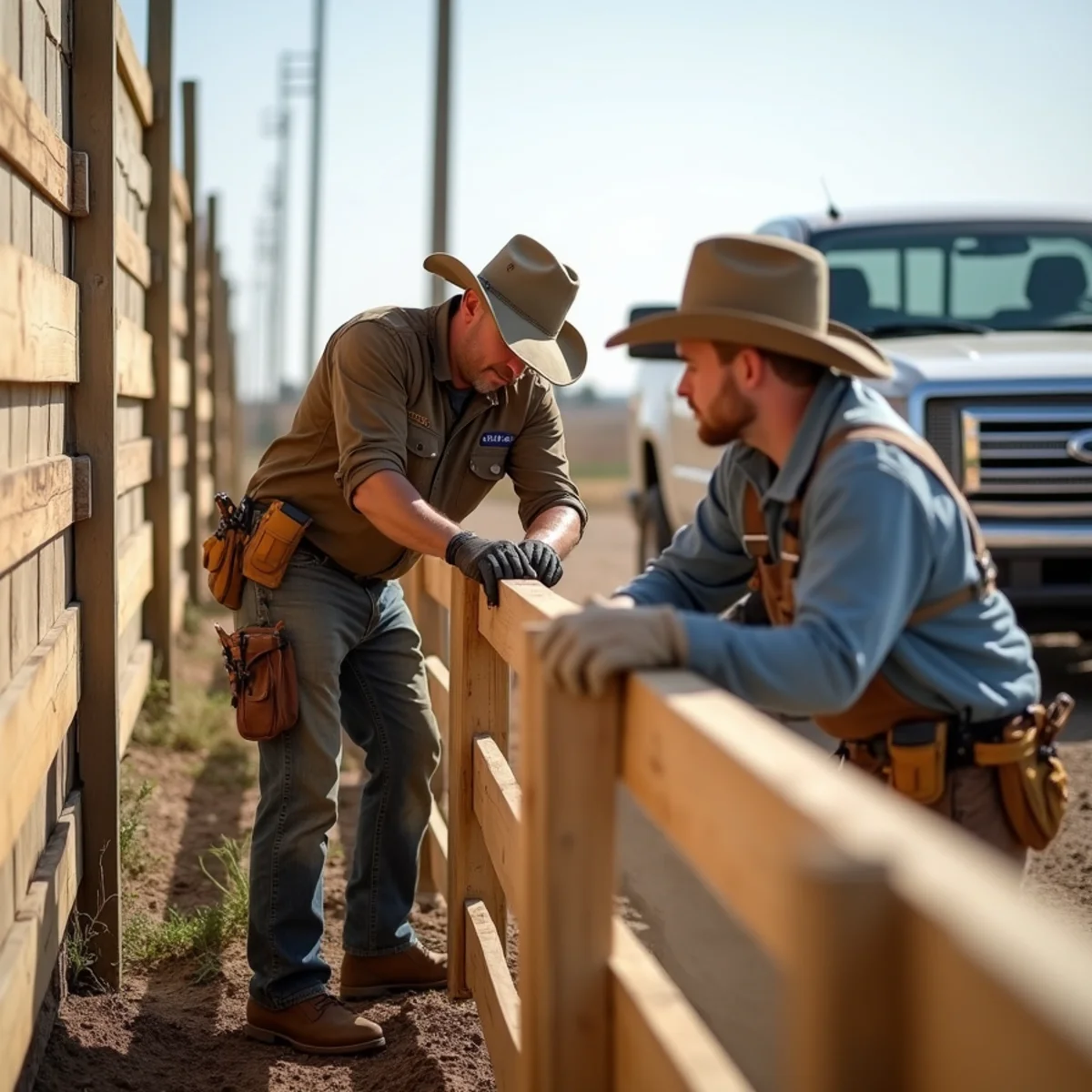 Skilled crew installing storm damage fence repair with precision laser alignment