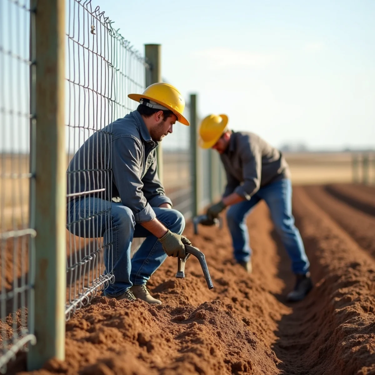 Skilled crew installing temporary fence with precision laser alignment