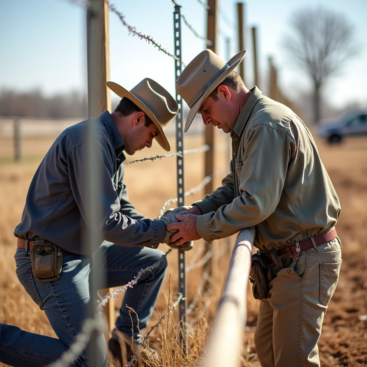 Skilled crew installing vehicle damage fence repair with precision laser alignment