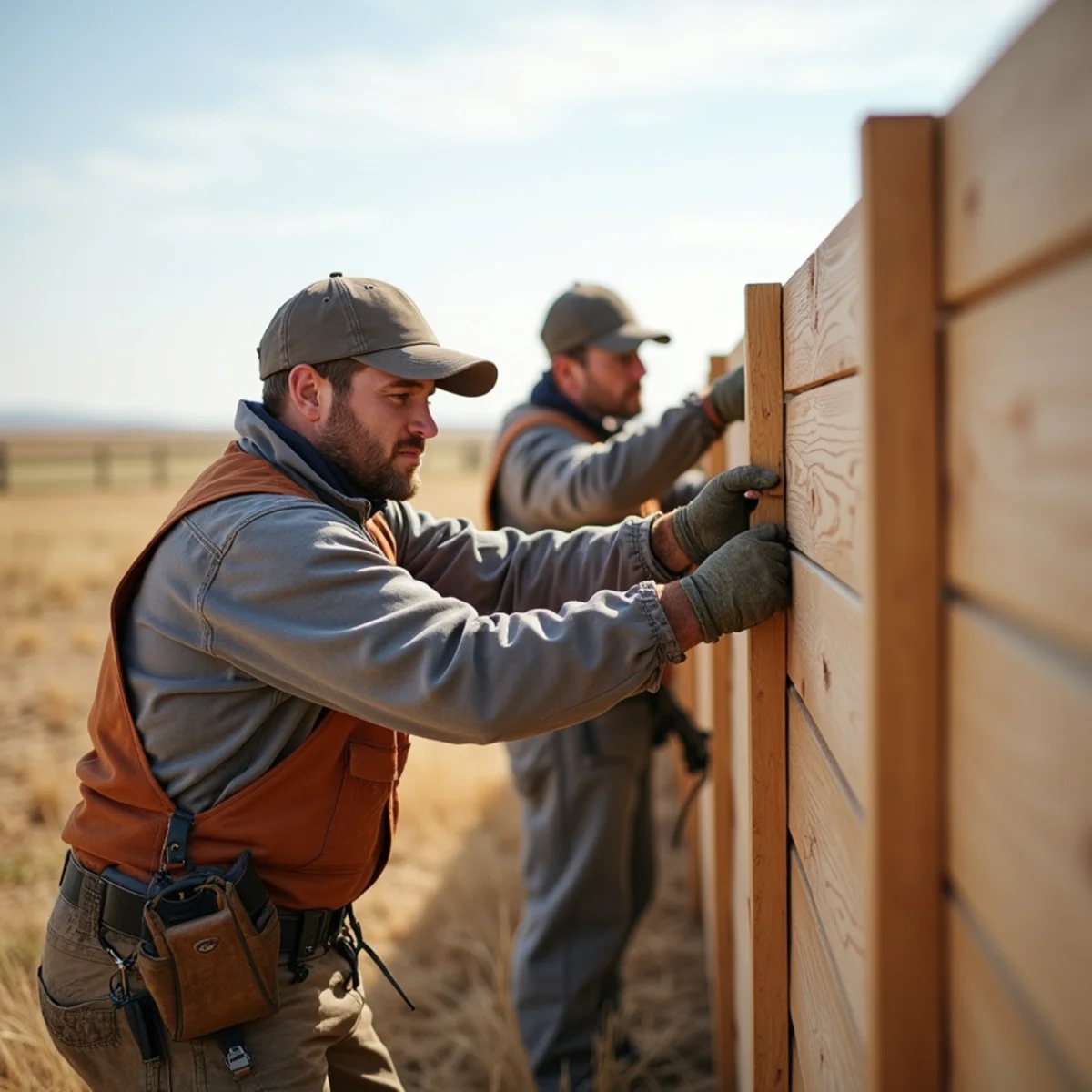 Skilled crew installing vinyl fence with precision laser alignment