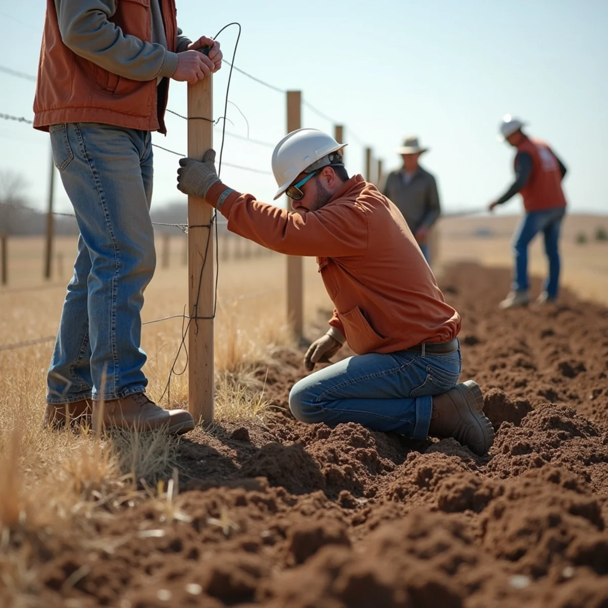 Skilled crew installing wood fence repair with precision laser alignment