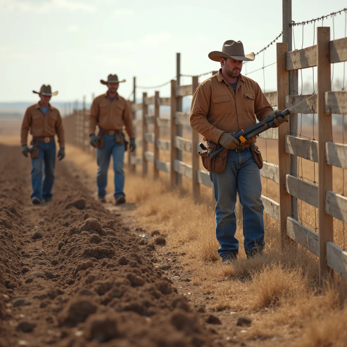 Skilled crew installing wood fence with precision laser alignment