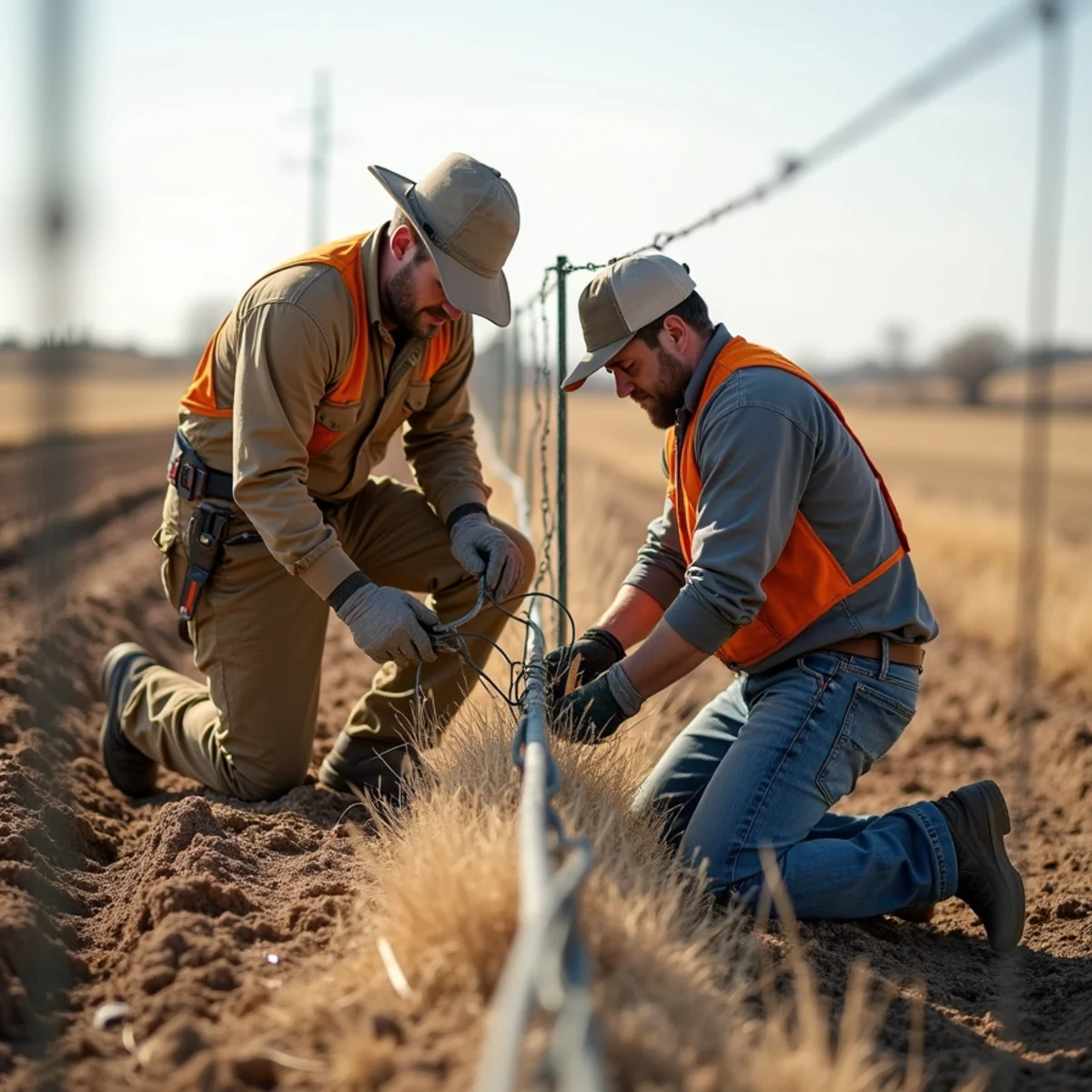 Skilled crew installing woven wire field fence with precision laser alignment
