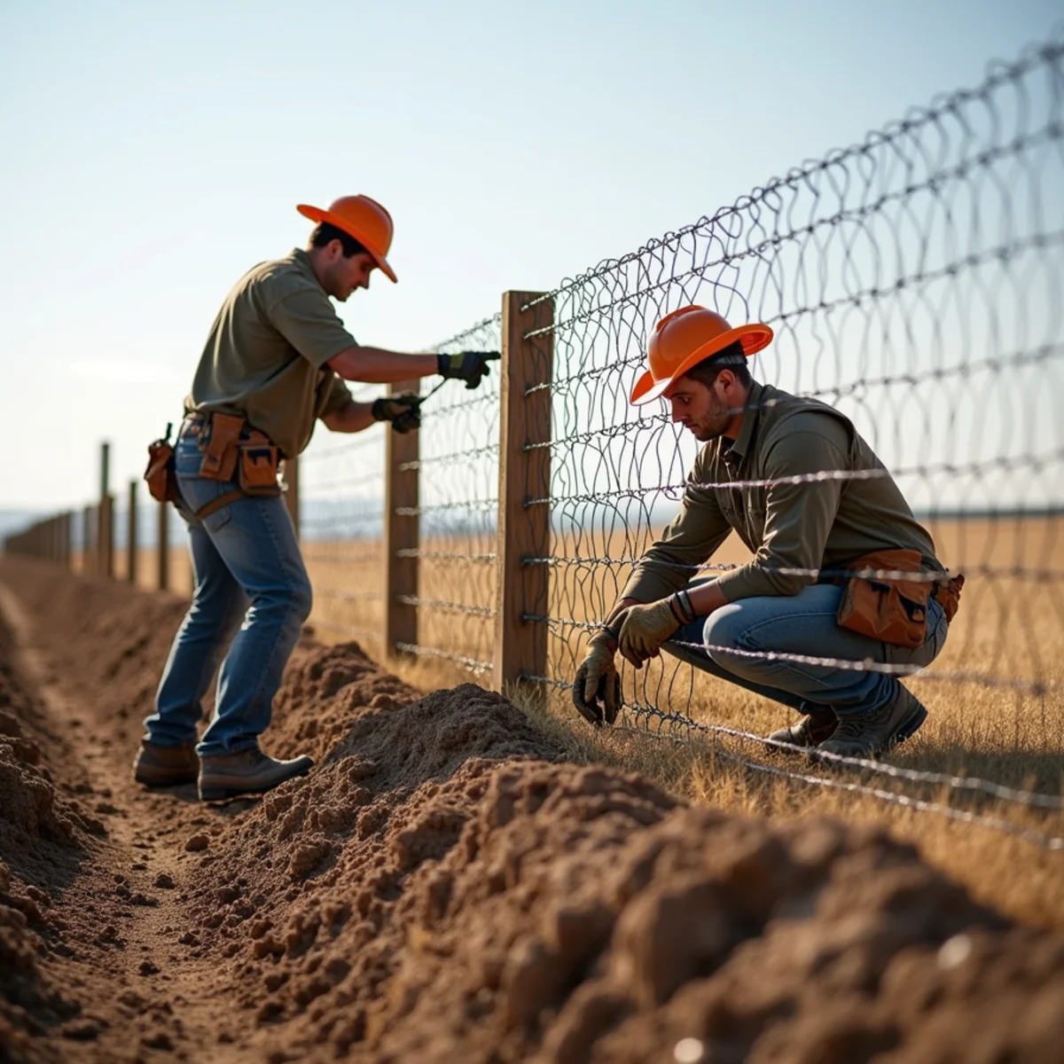 Skilled crew installing wrought iron & steel fence with precision laser alignment